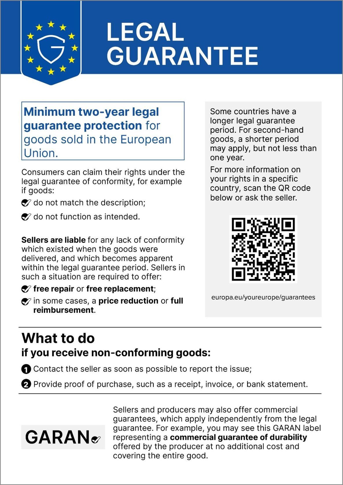 Legal guarantee information